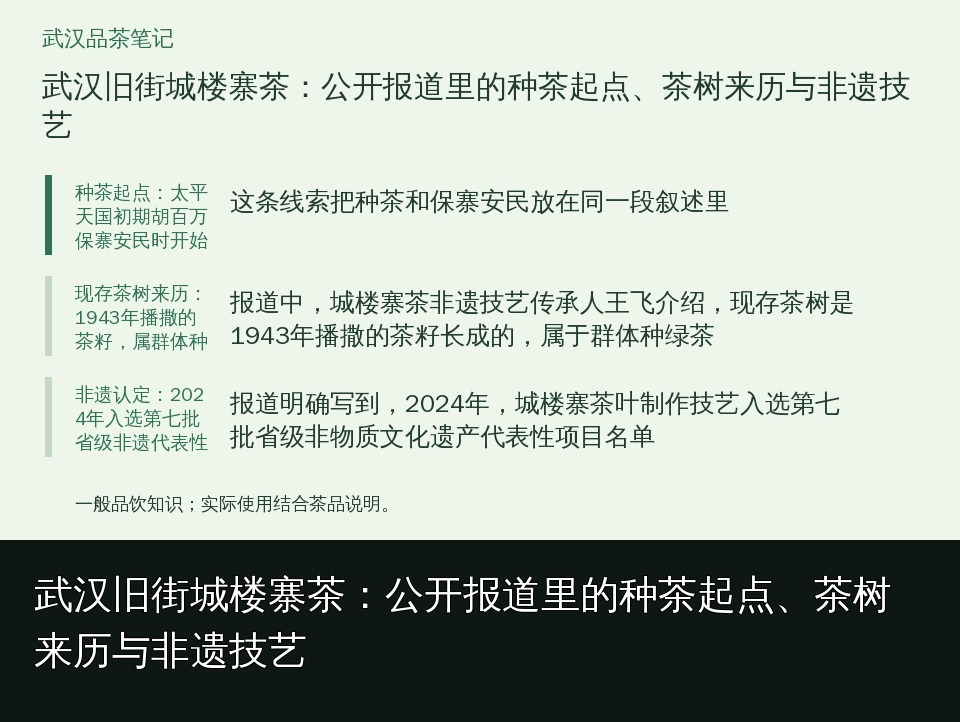 武汉旧街城楼寨茶：公开报道里的种茶起点、茶树来历与非遗技艺的知识要点示意图