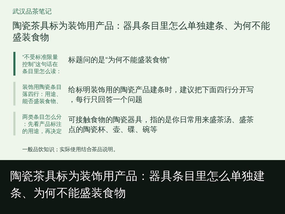 陶瓷茶具标为装饰用产品：器具条目里怎么单独建条、为何不能盛装食物的知识要点示意图